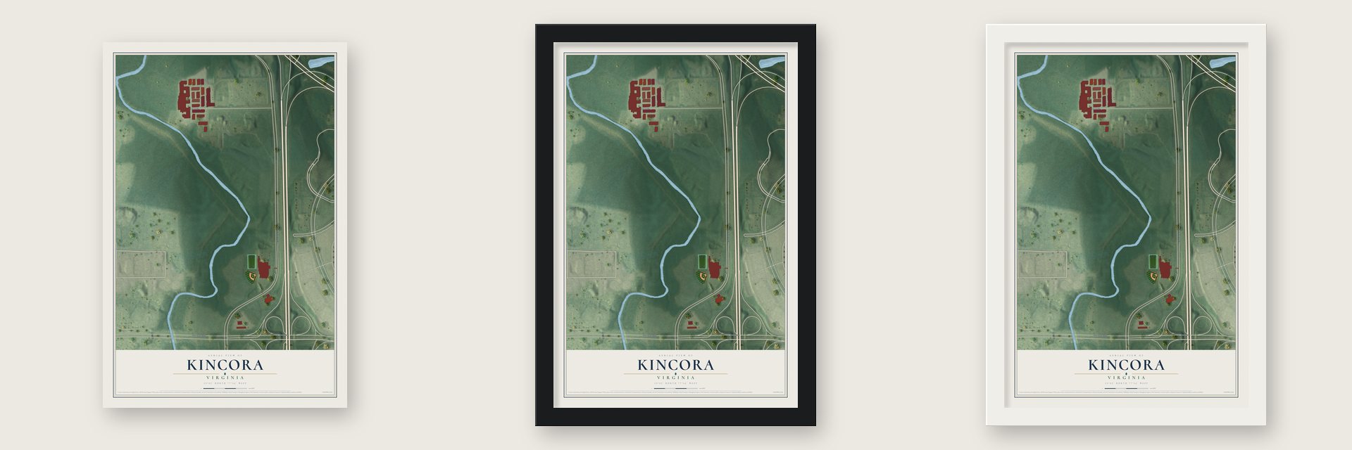 Kincora, Virginia map unframed, in a black wood frame and in a white wood frame