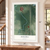 Kincora, Virginia map, 24 x 36 inch print in a white frame by a staircase