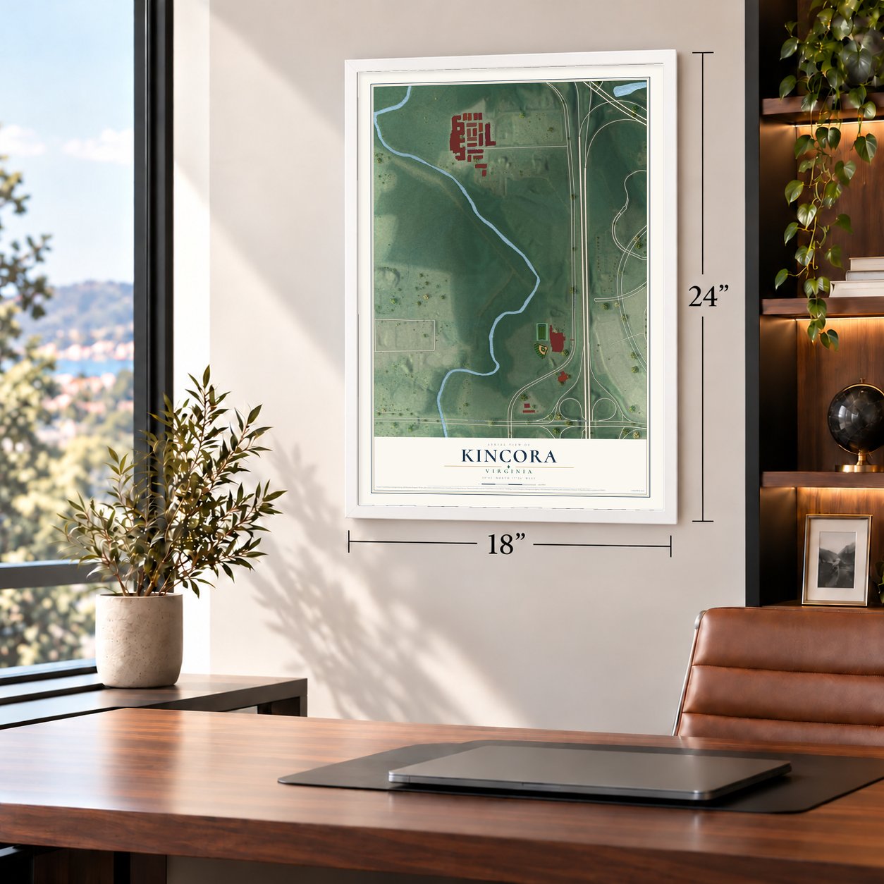 Kincora, Virginia map, 18 x 24 inch print in a white frame in a home office