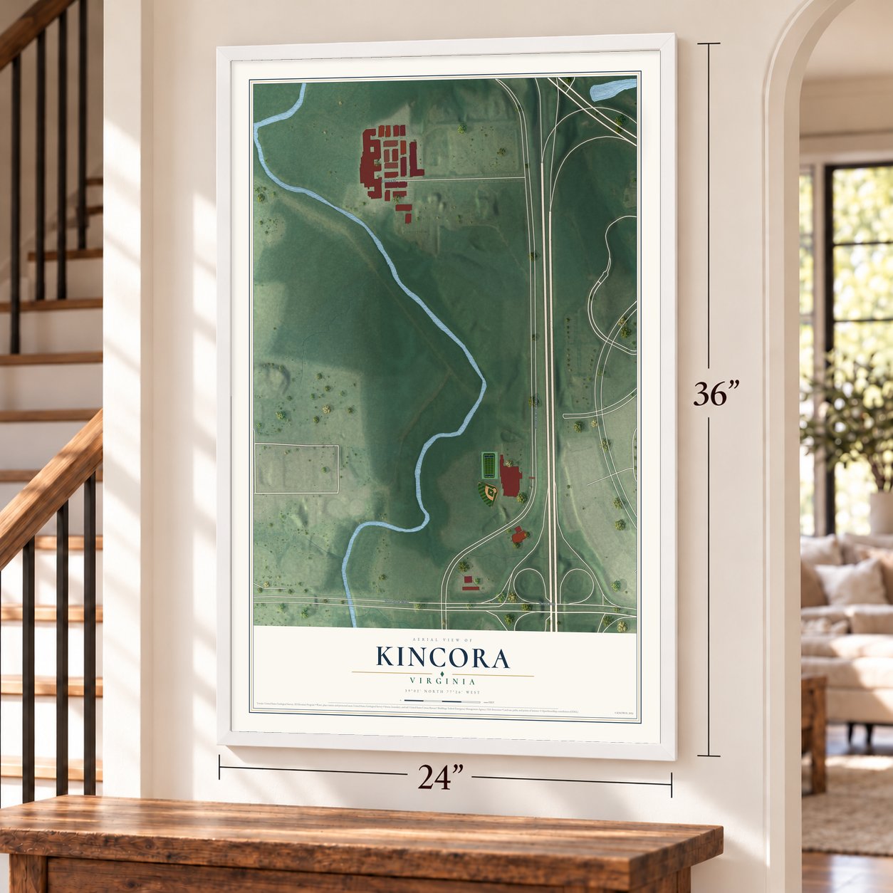 Kincora, Virginia map, 24 x 36 inch print in a white frame by a staircase