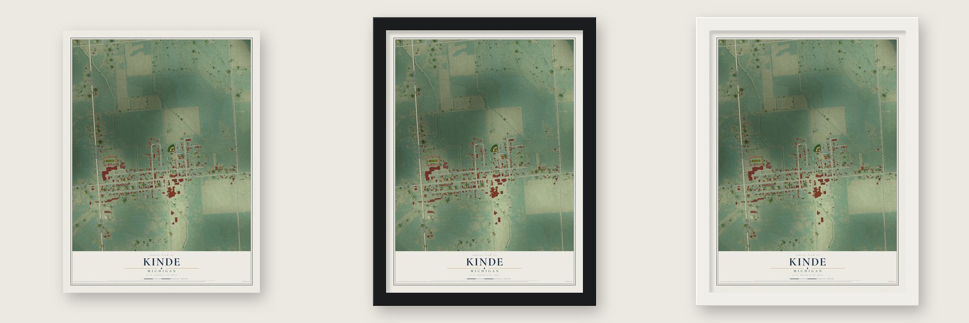 Kinde, Michigan map unframed, in a black wood frame and in a white wood frame