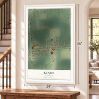 Kinde, Michigan map, 24 x 36 inch print in a white frame by a staircase