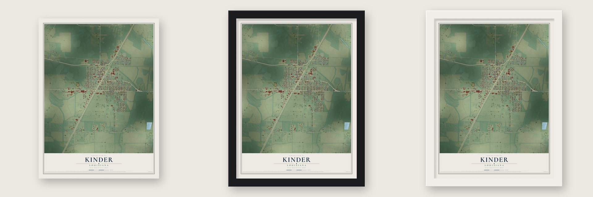 Kinder, Louisiana map unframed, in a black wood frame and in a white wood frame