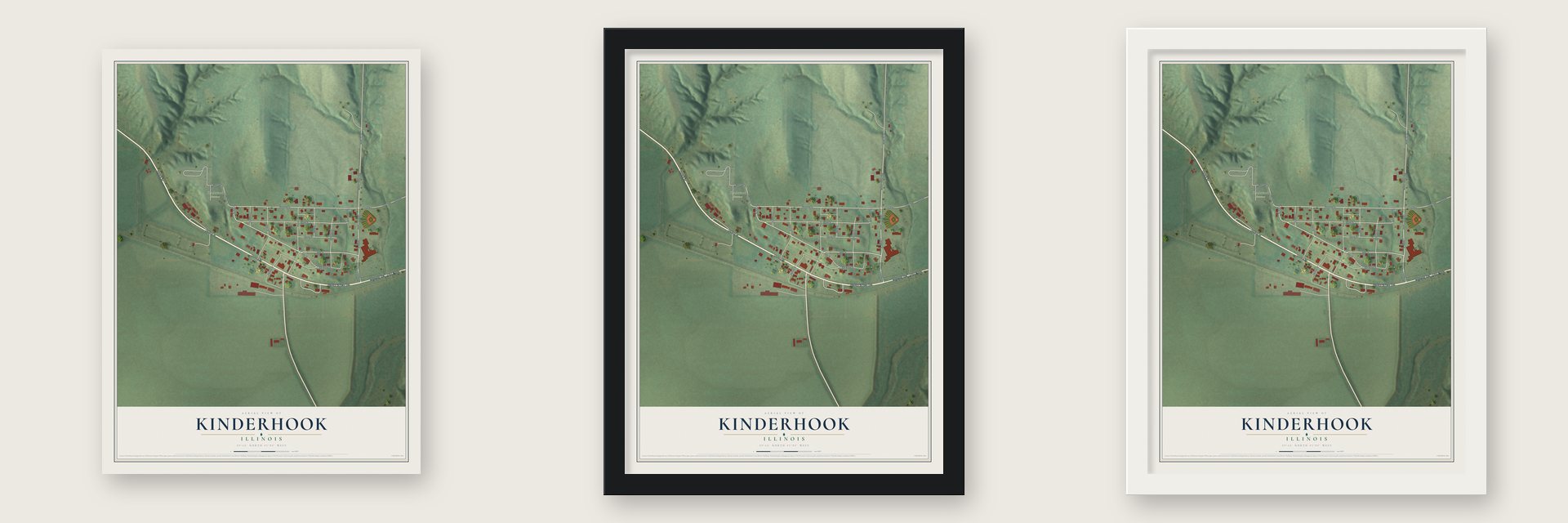 Kinderhook, Illinois map unframed, in a black wood frame and in a white wood frame