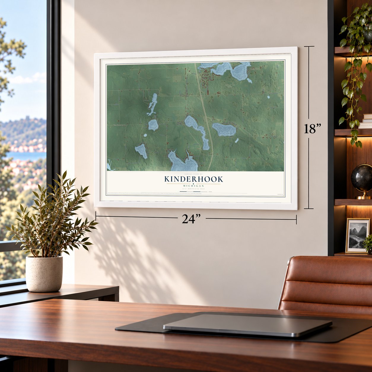 Kinderhook, Michigan map, 18 x 24 inch print in a white frame in a home office