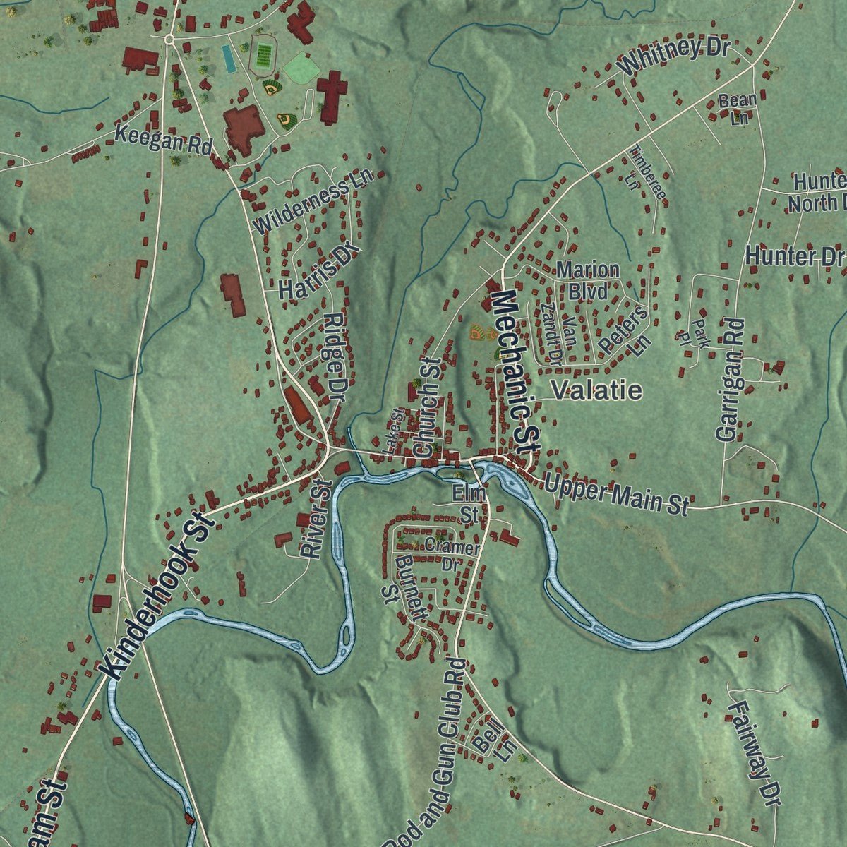 Second close-up of the map of the Town of Kinderhook, New York print showing more streets and buildings
