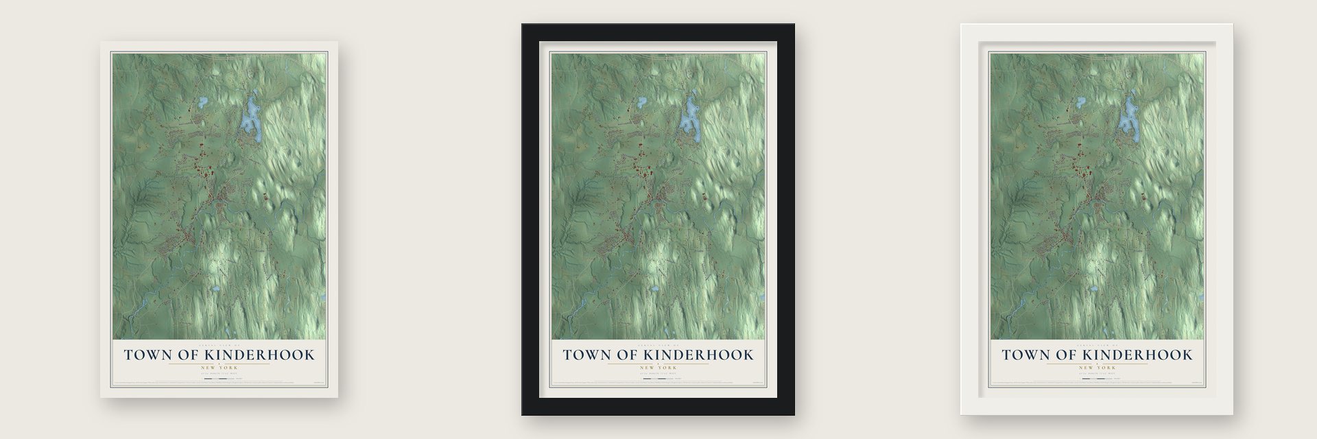 Town of Kinderhook, New York map unframed, in a black wood frame and in a white wood frame