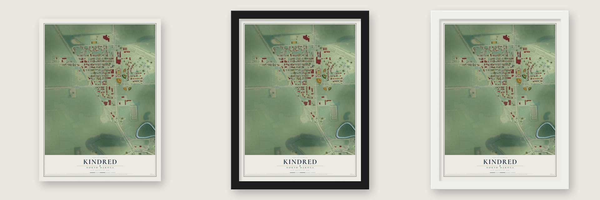 Kindred, North Dakota map unframed, in a black wood frame and in a white wood frame