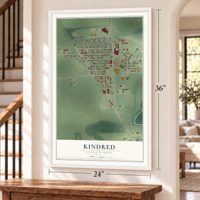 Kindred, North Dakota map, 24 x 36 inch print in a white frame by a staircase