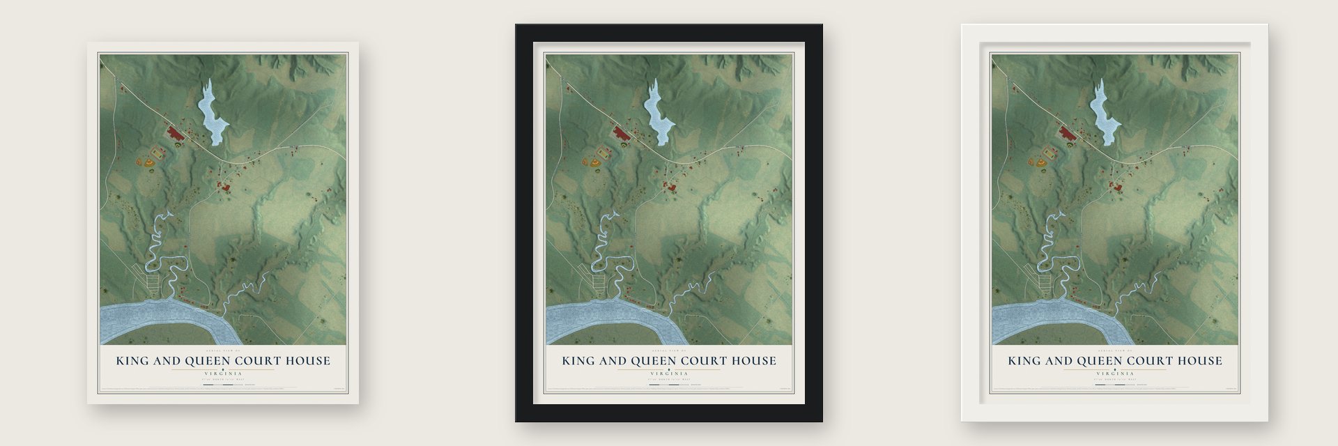 King and Queen Court House, Virginia map unframed, in a black wood frame and in a white wood frame