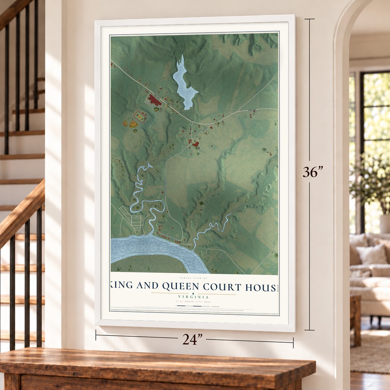 King and Queen Court House, Virginia map, 24 x 36 inch print in a white frame by a staircase