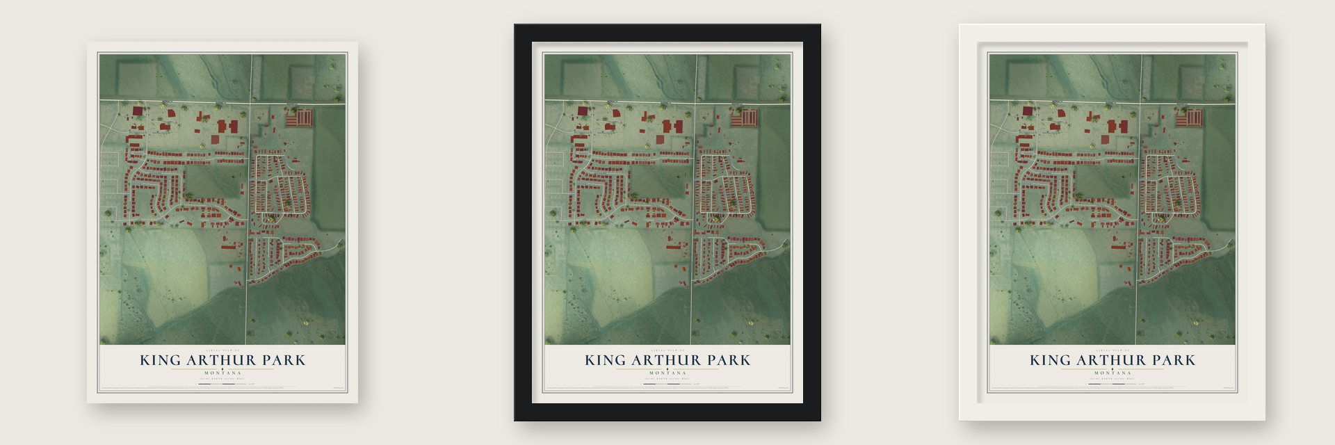 King Arthur Park, Montana map unframed, in a black wood frame and in a white wood frame