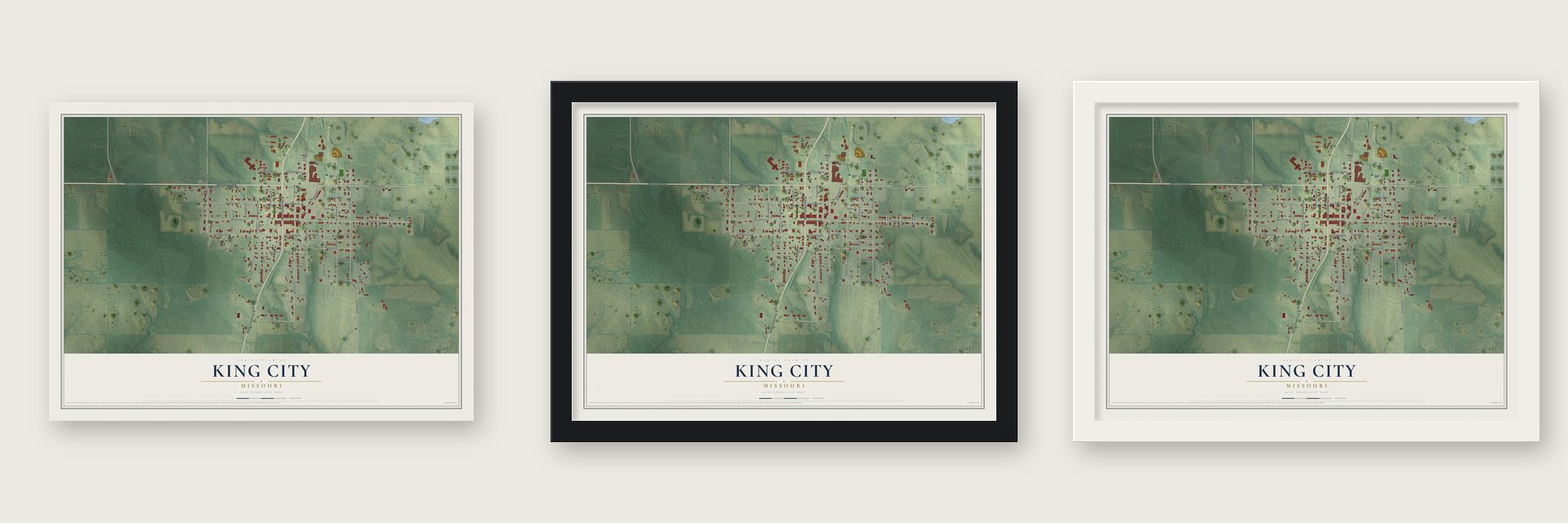 King City, Missouri map unframed, in a black wood frame and in a white wood frame