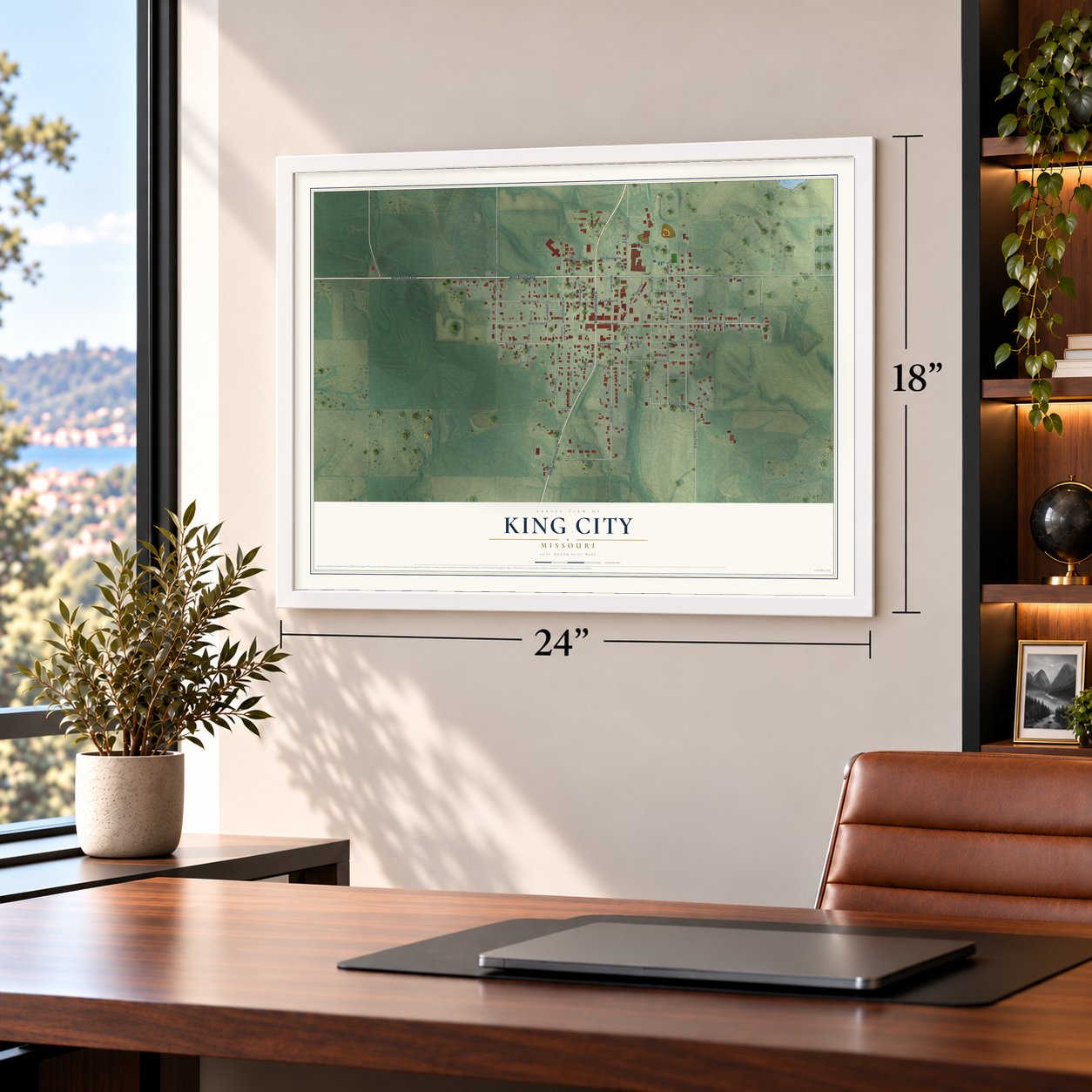 King City, Missouri map, 18 x 24 inch print in a white frame in a home office