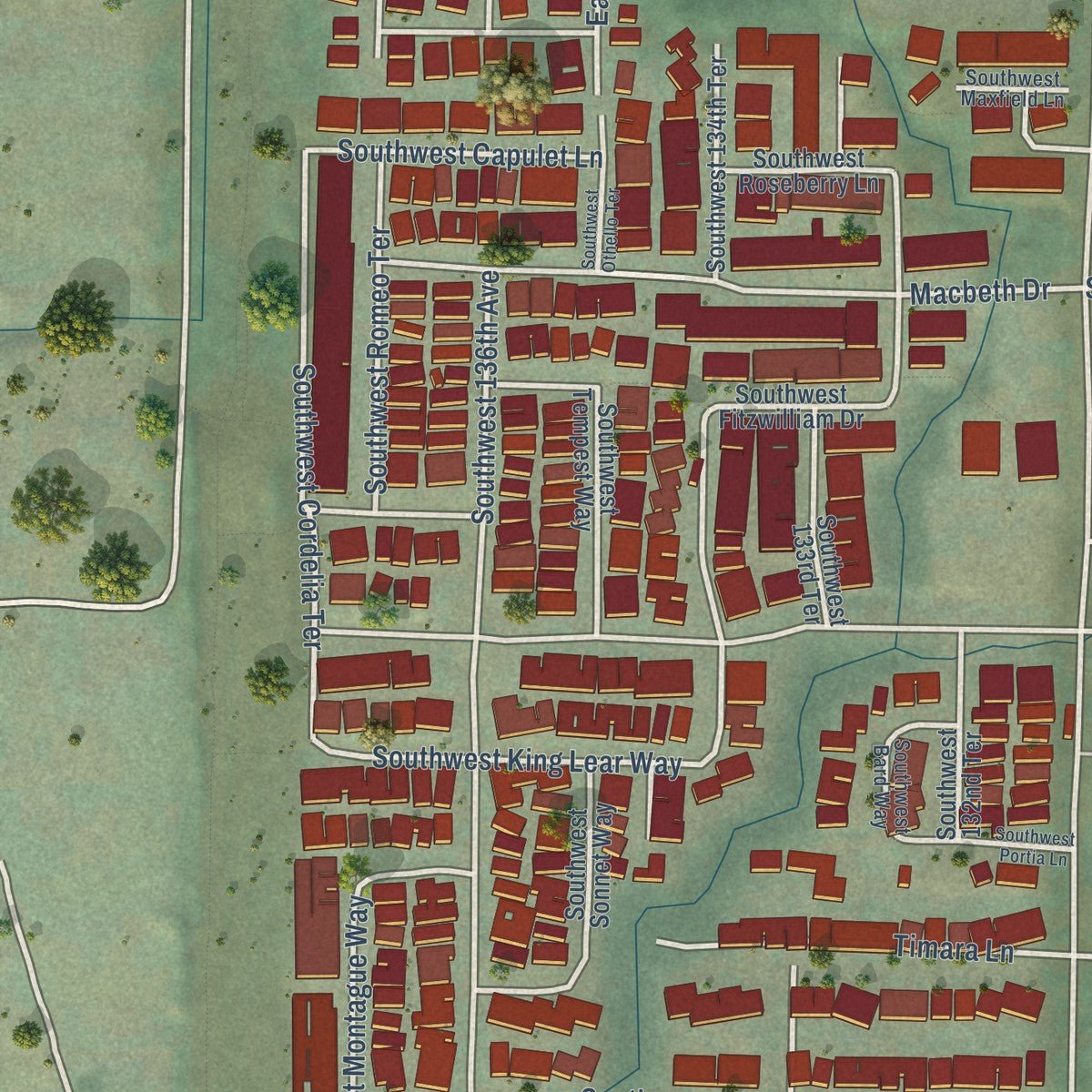 Second close-up of the map of King City, Oregon print showing more streets and buildings