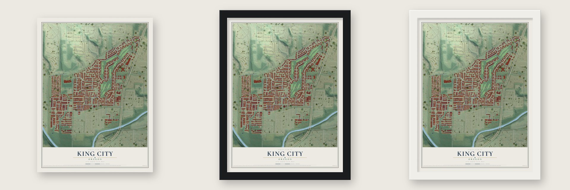 King City, Oregon map unframed, in a black wood frame and in a white wood frame