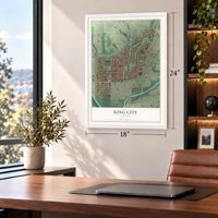 King City, Oregon map, 18 x 24 inch print in a white frame in a home office