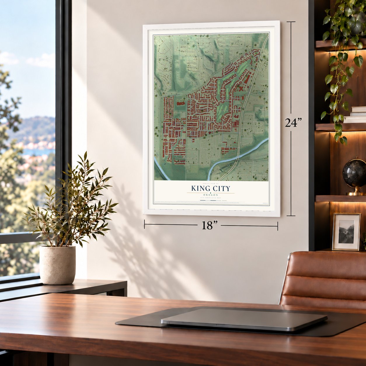 King City, Oregon map, 18 x 24 inch print in a white frame in a home office