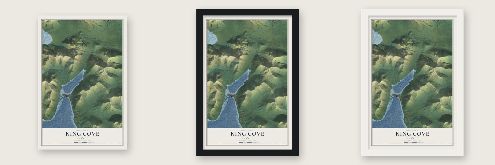 King Cove, Alaska map unframed, in a black wood frame and in a white wood frame