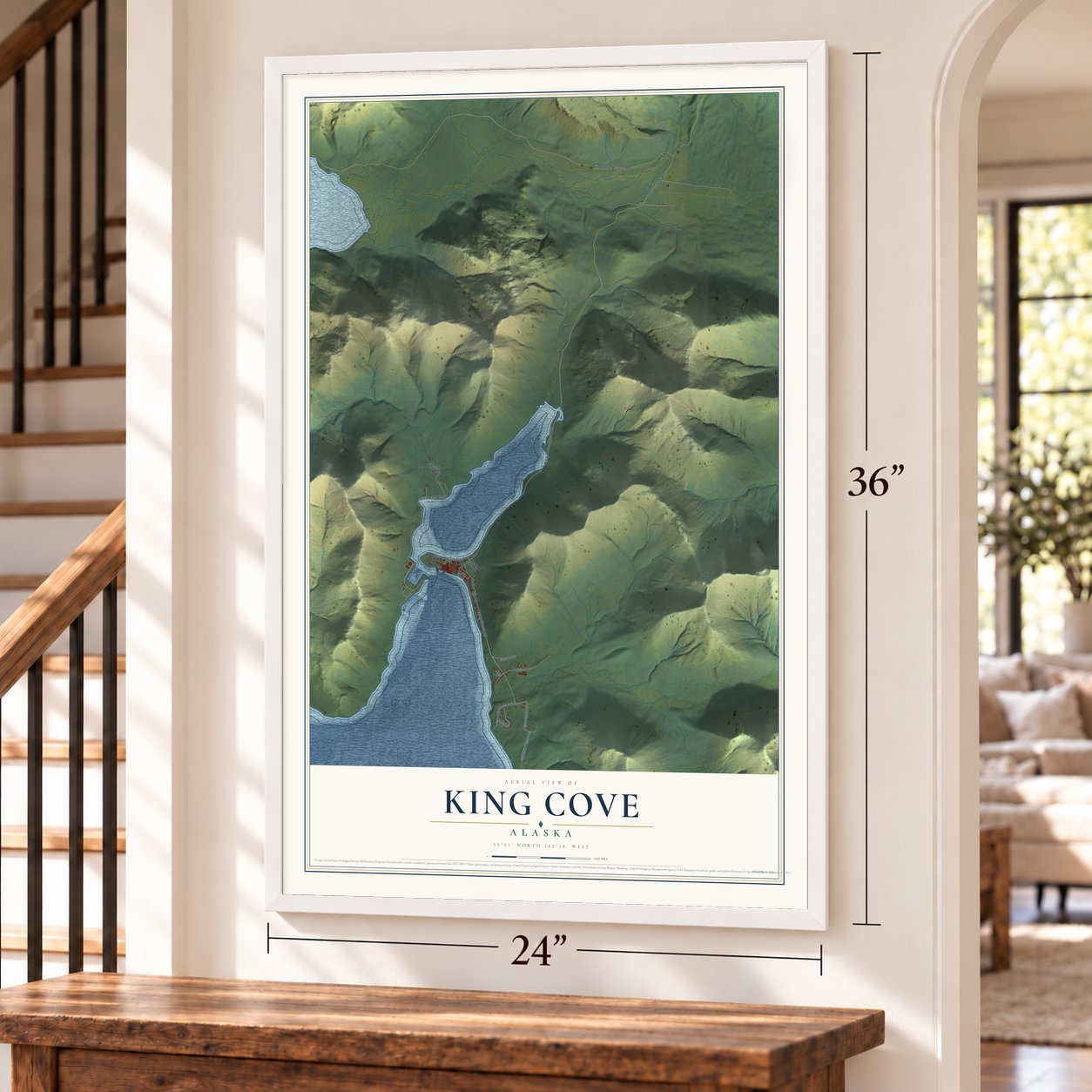King Cove, Alaska map, 24 x 36 inch print in a white frame by a staircase