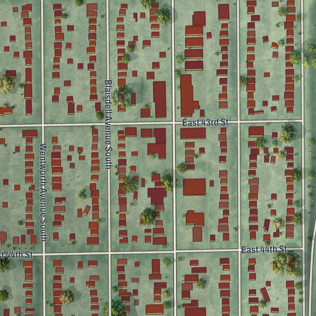 Second close-up of the map of King Field, Minnesota print showing more streets and buildings