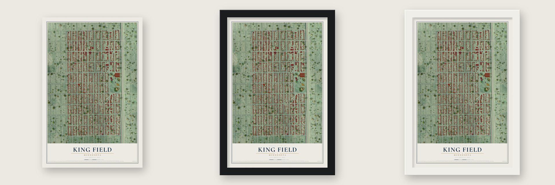 King Field, Minnesota map unframed, in a black wood frame and in a white wood frame