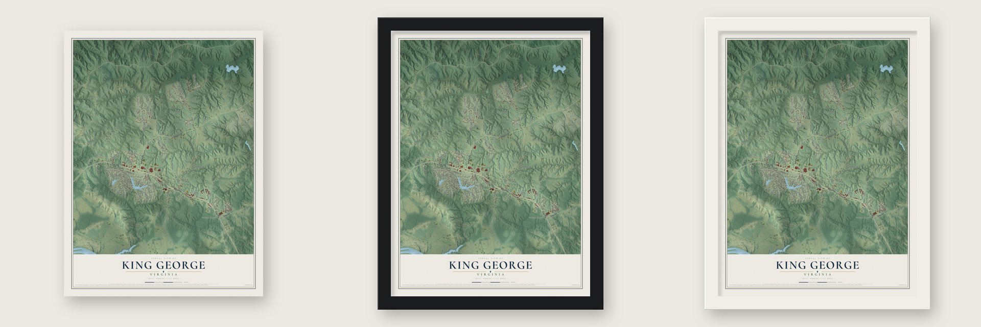 King George, Virginia map unframed, in a black wood frame and in a white wood frame