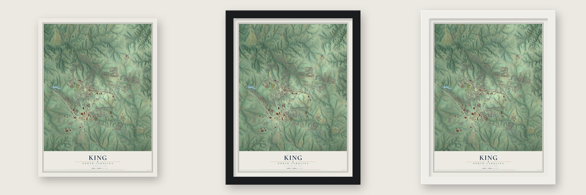 King, North Carolina map unframed, in a black wood frame and in a white wood frame