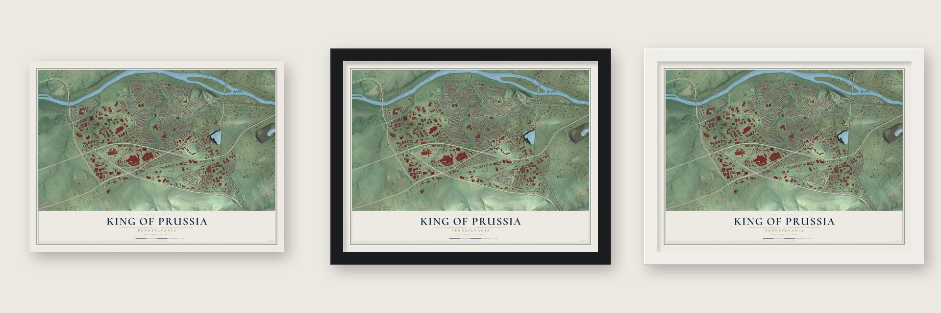 King of Prussia, Pennsylvania map unframed, in a black wood frame and in a white wood frame