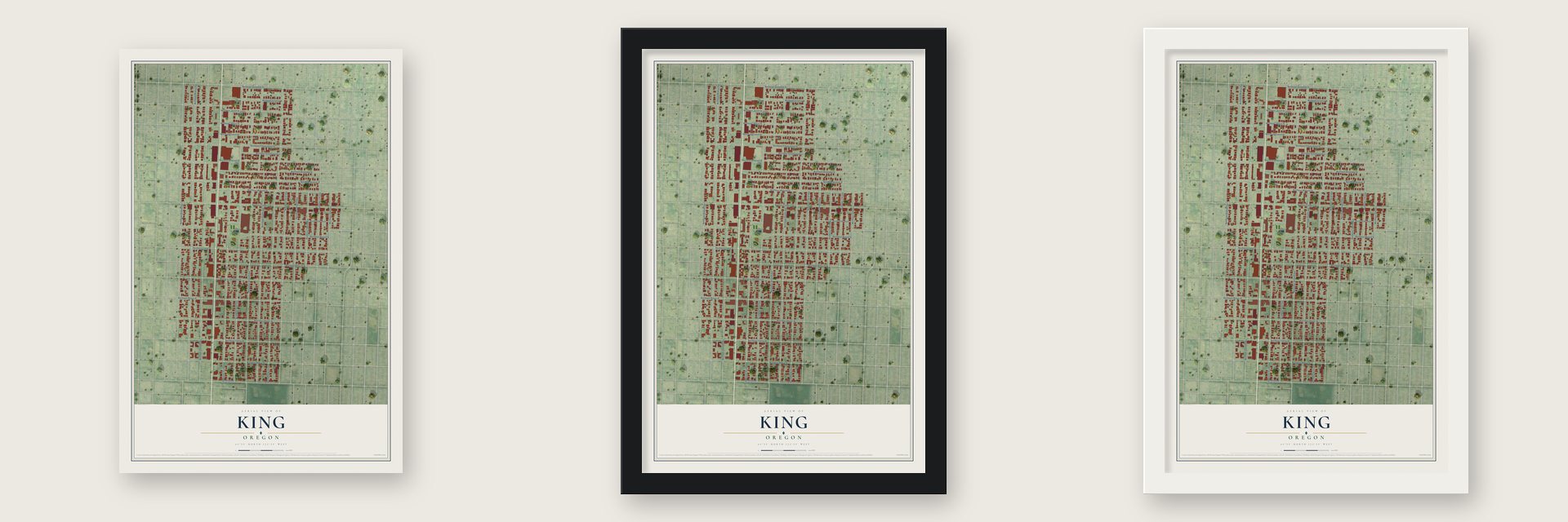 King, Oregon map unframed, in a black wood frame and in a white wood frame