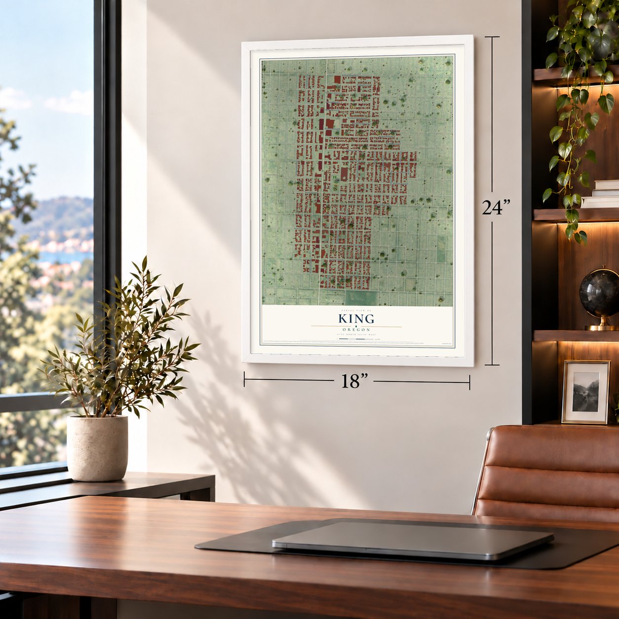 King, Oregon map, 18 x 24 inch print in a white frame in a home office