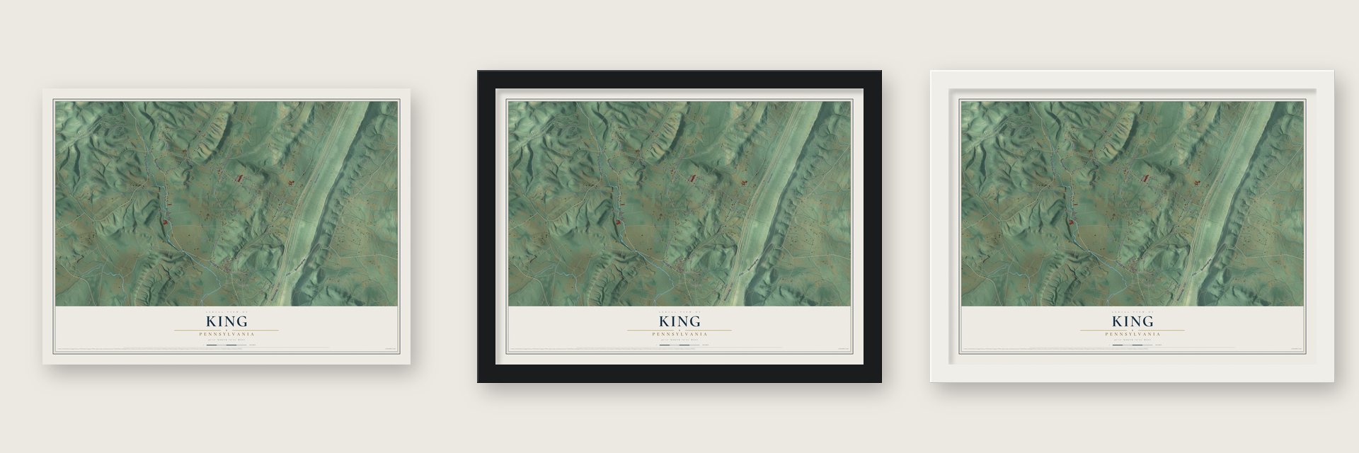 King, Pennsylvania map unframed, in a black wood frame and in a white wood frame