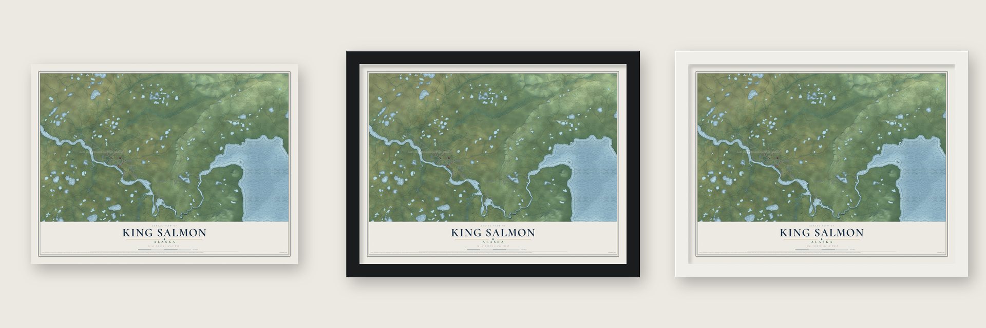 King Salmon, Alaska map unframed, in a black wood frame and in a white wood frame