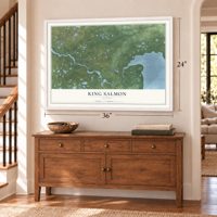 King Salmon, Alaska map, 24 x 36 inch print in a white frame above a dresser by a staircase