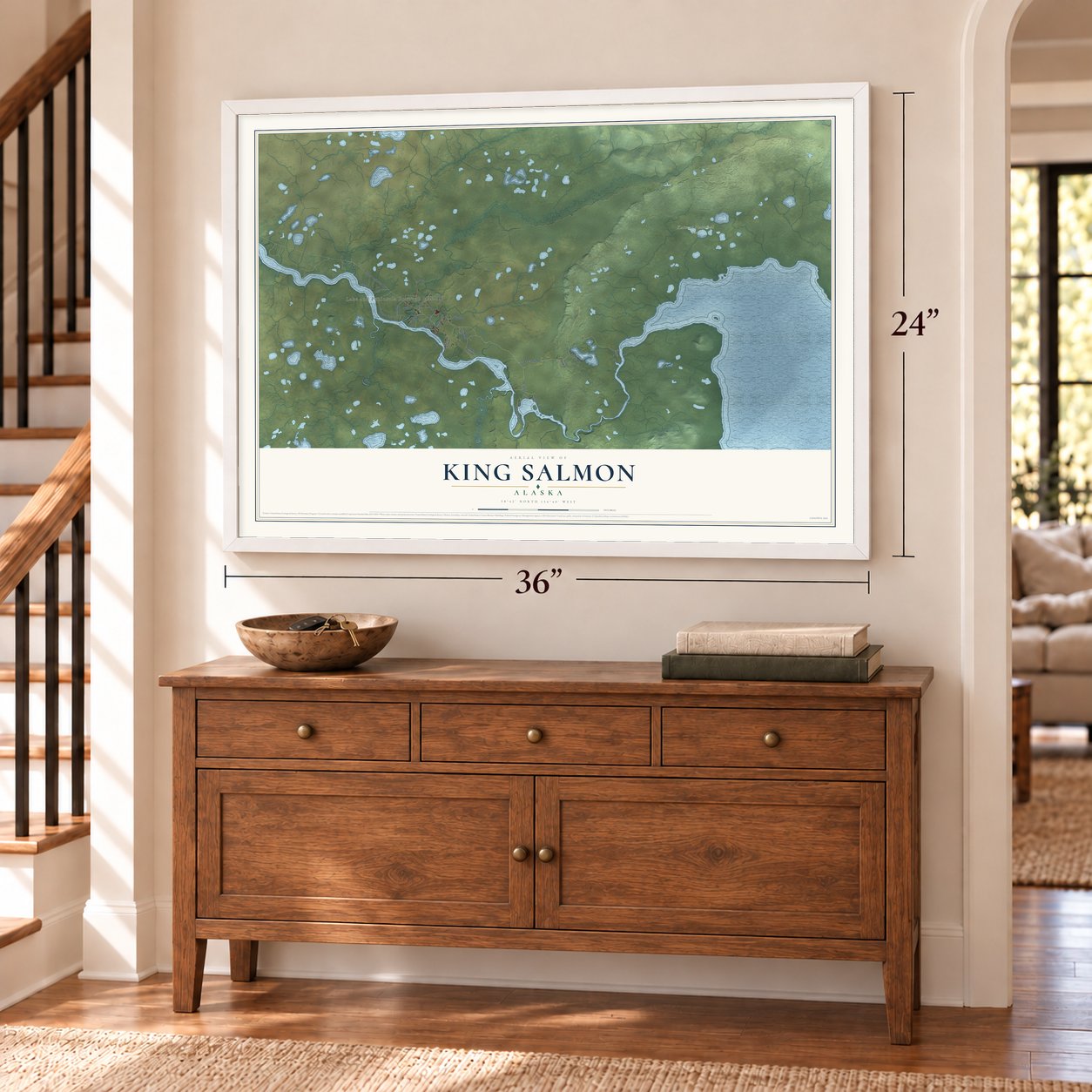 King Salmon, Alaska map, 24 x 36 inch print in a white frame above a dresser by a staircase