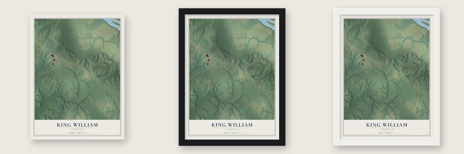 King William, Virginia map unframed, in a black wood frame and in a white wood frame