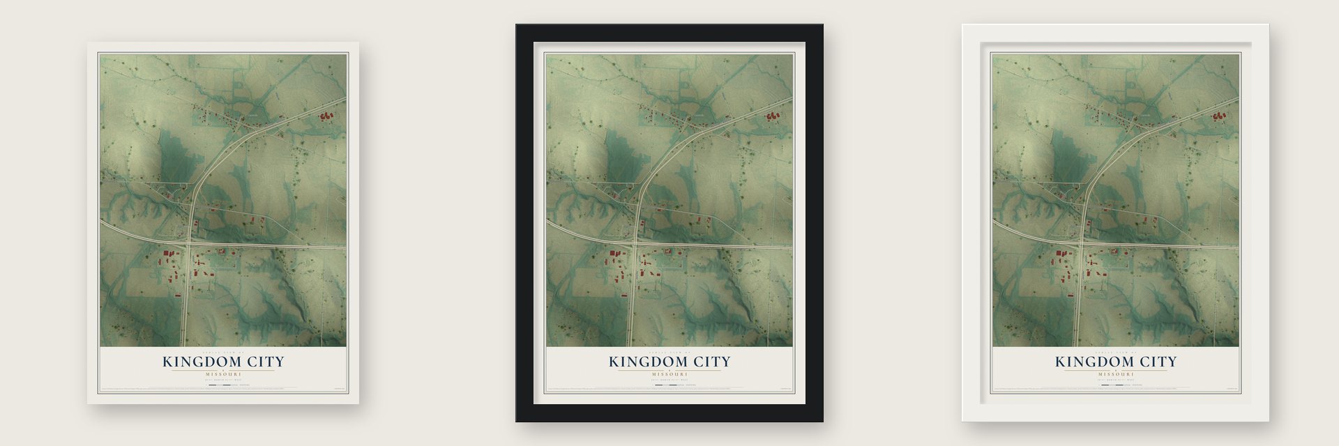 Kingdom City, Missouri map unframed, in a black wood frame and in a white wood frame