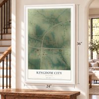 Kingdom City, Missouri map, 24 x 36 inch print in a white frame by a staircase