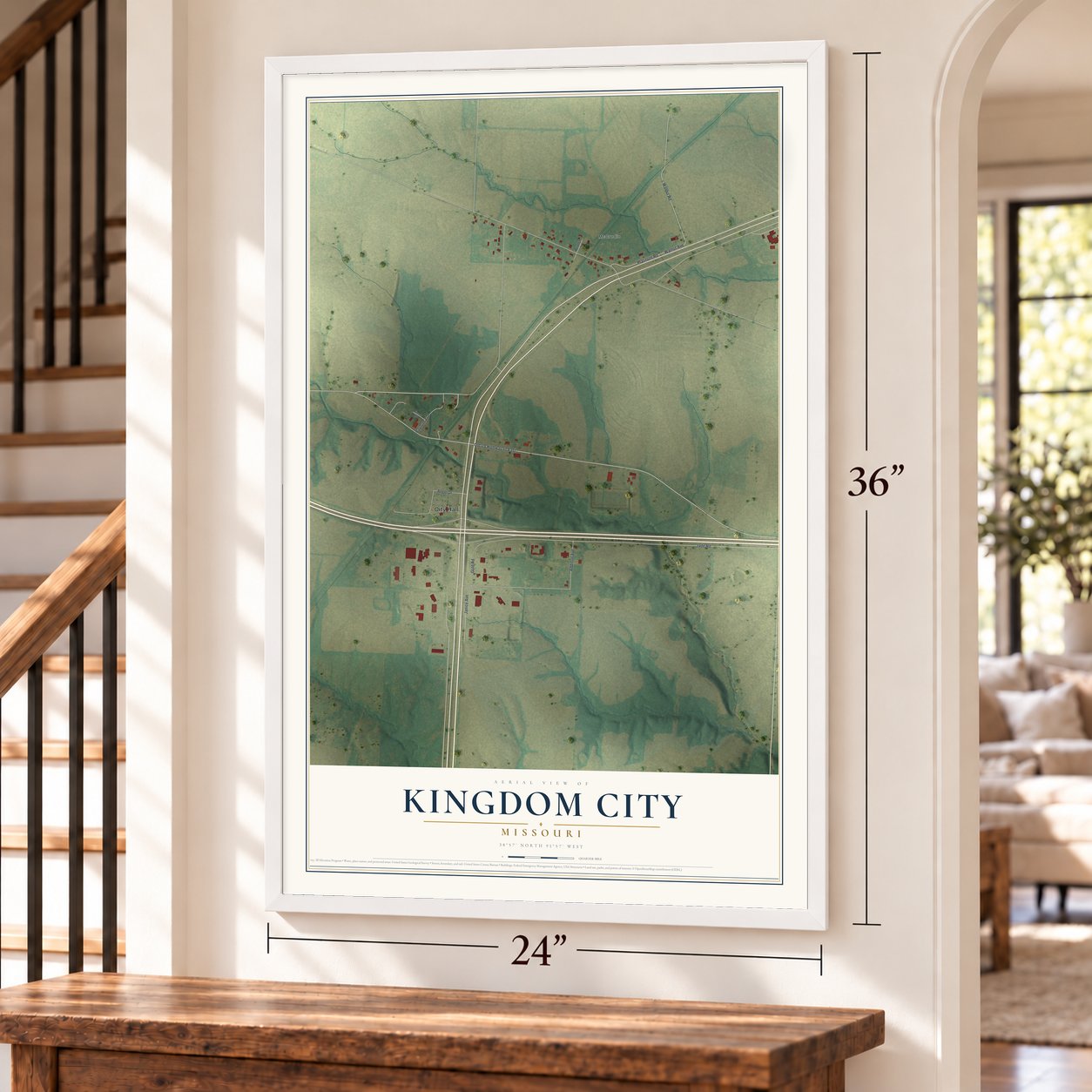 Kingdom City, Missouri map, 24 x 36 inch print in a white frame by a staircase