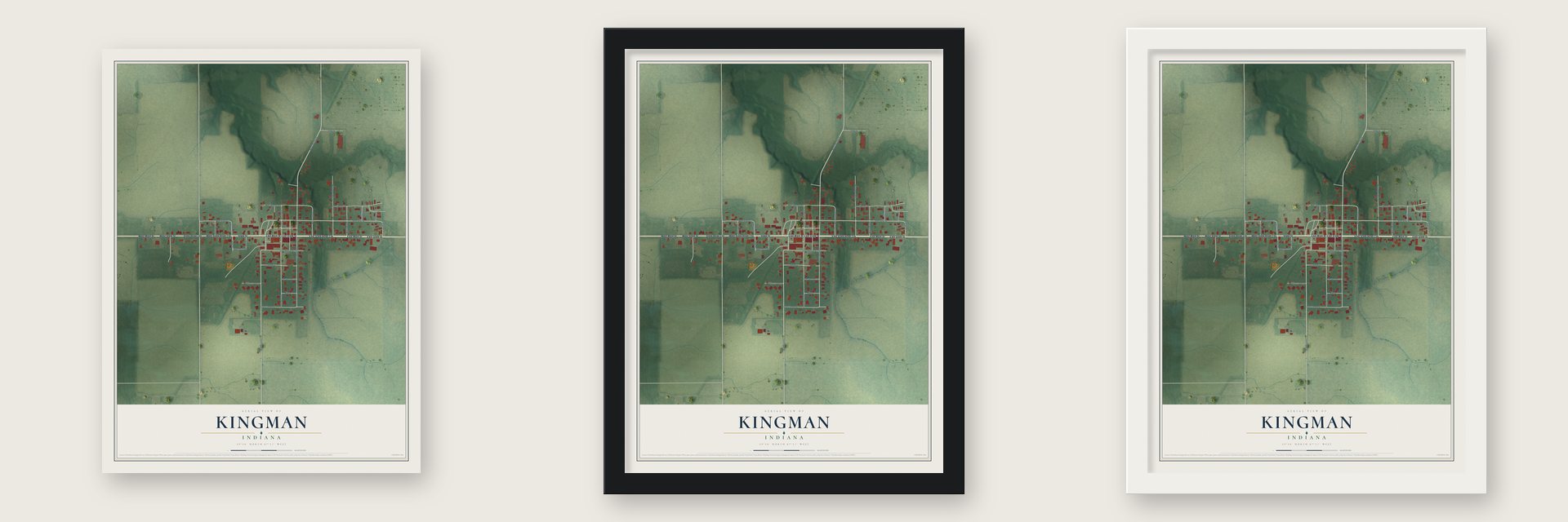 Kingman, Indiana map unframed, in a black wood frame and in a white wood frame
