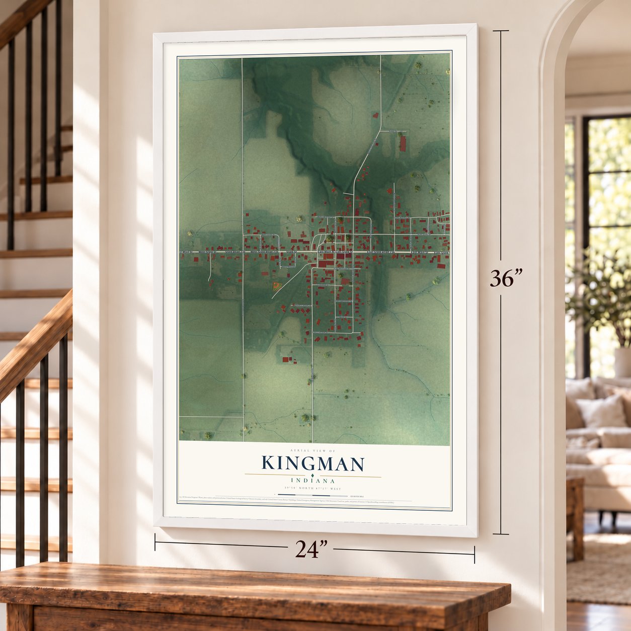 Kingman, Indiana map, 24 x 36 inch print in a white frame by a staircase