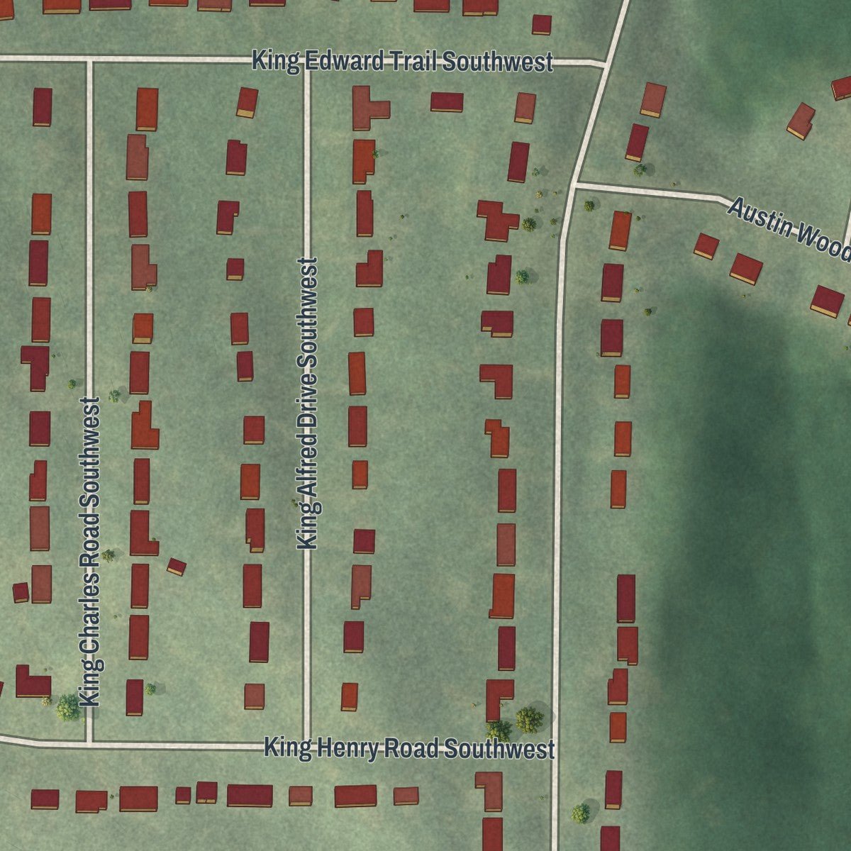 Second close-up of the map of Kings Forest, Georgia print showing more streets and buildings