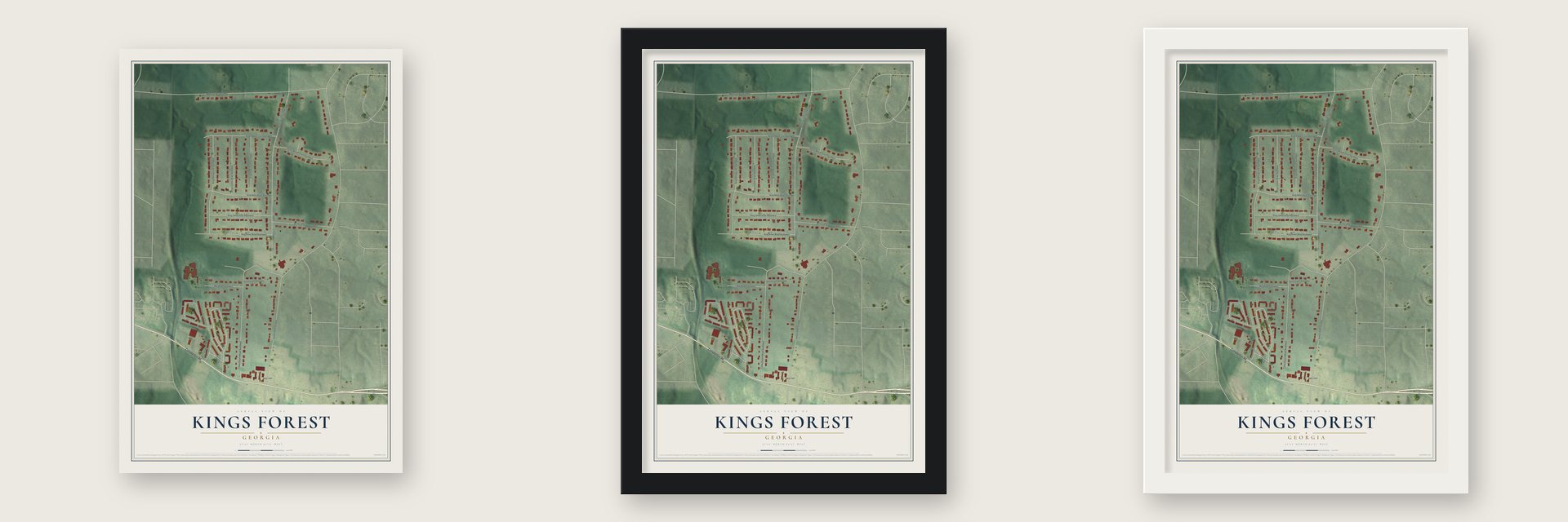 Kings Forest, Georgia map unframed, in a black wood frame and in a white wood frame