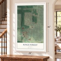 Kings Forest, Georgia map, 24 x 36 inch print in a white frame by a staircase