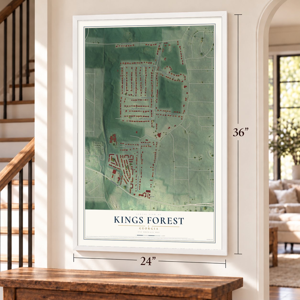 Kings Forest, Georgia map, 24 x 36 inch print in a white frame by a staircase