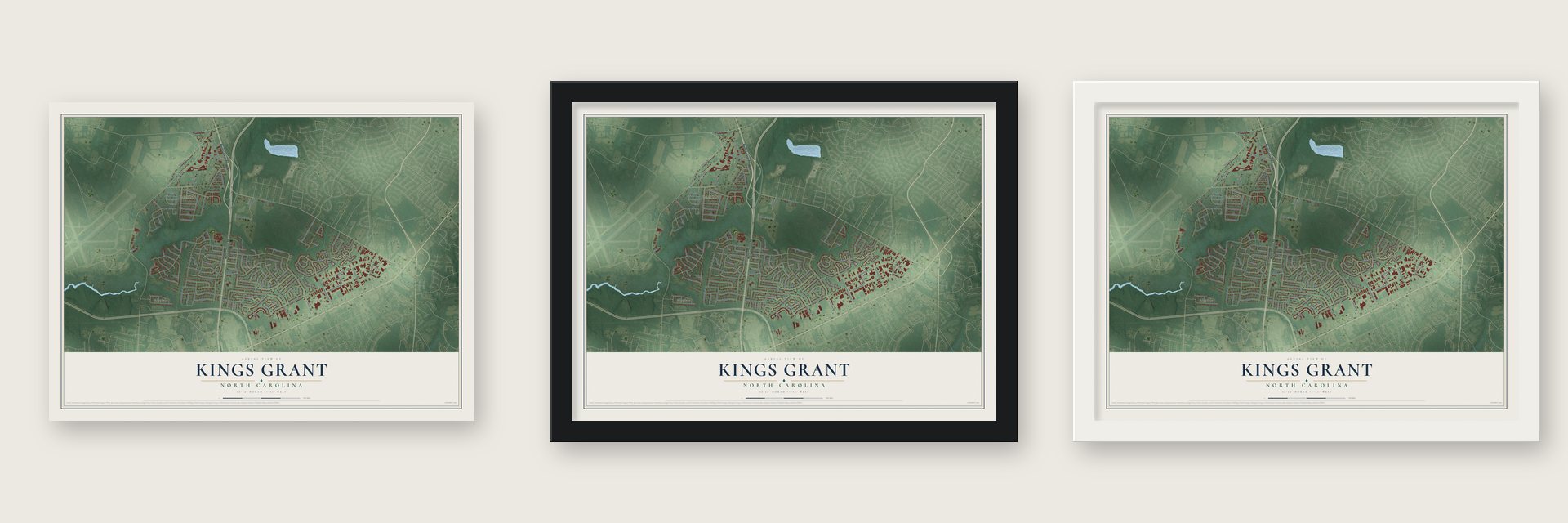 Kings Grant, North Carolina map unframed, in a black wood frame and in a white wood frame