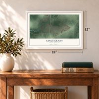Kings Grant, North Carolina map, 12 x 18 inch print in a white frame in an entryway