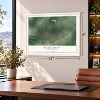 Kings Grant, North Carolina map, 18 x 24 inch print in a white frame in a home office