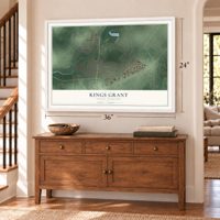 Kings Grant, North Carolina map, 24 x 36 inch print in a white frame above a dresser by a staircase