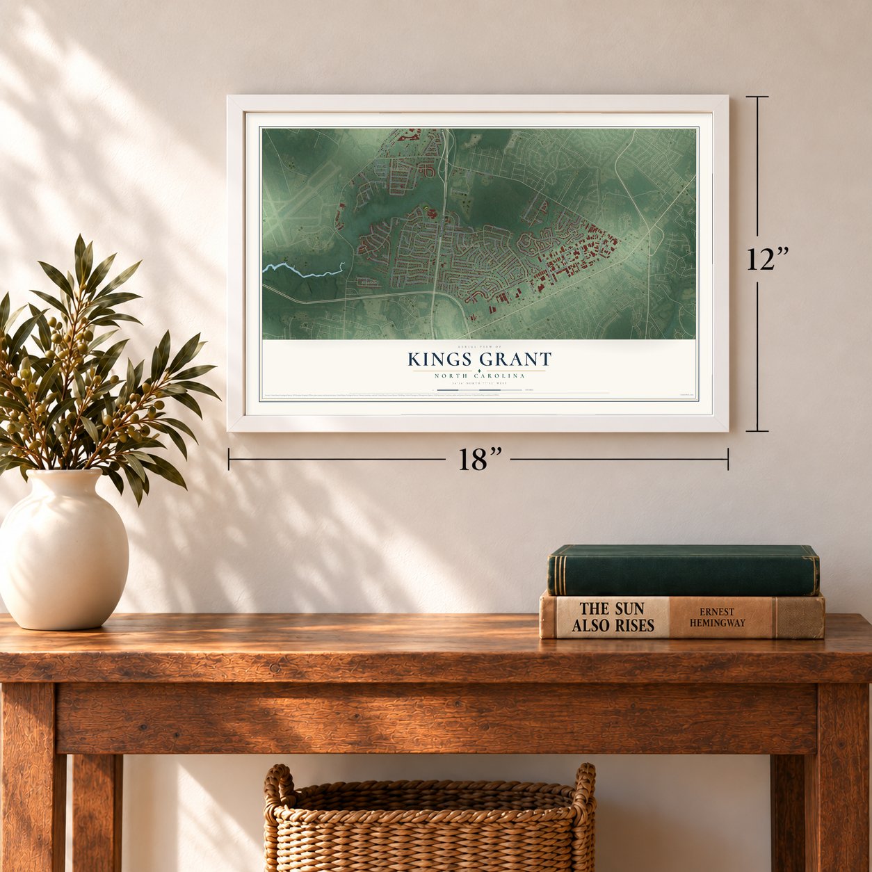 Kings Grant, North Carolina map, 12 x 18 inch print in a white frame in an entryway